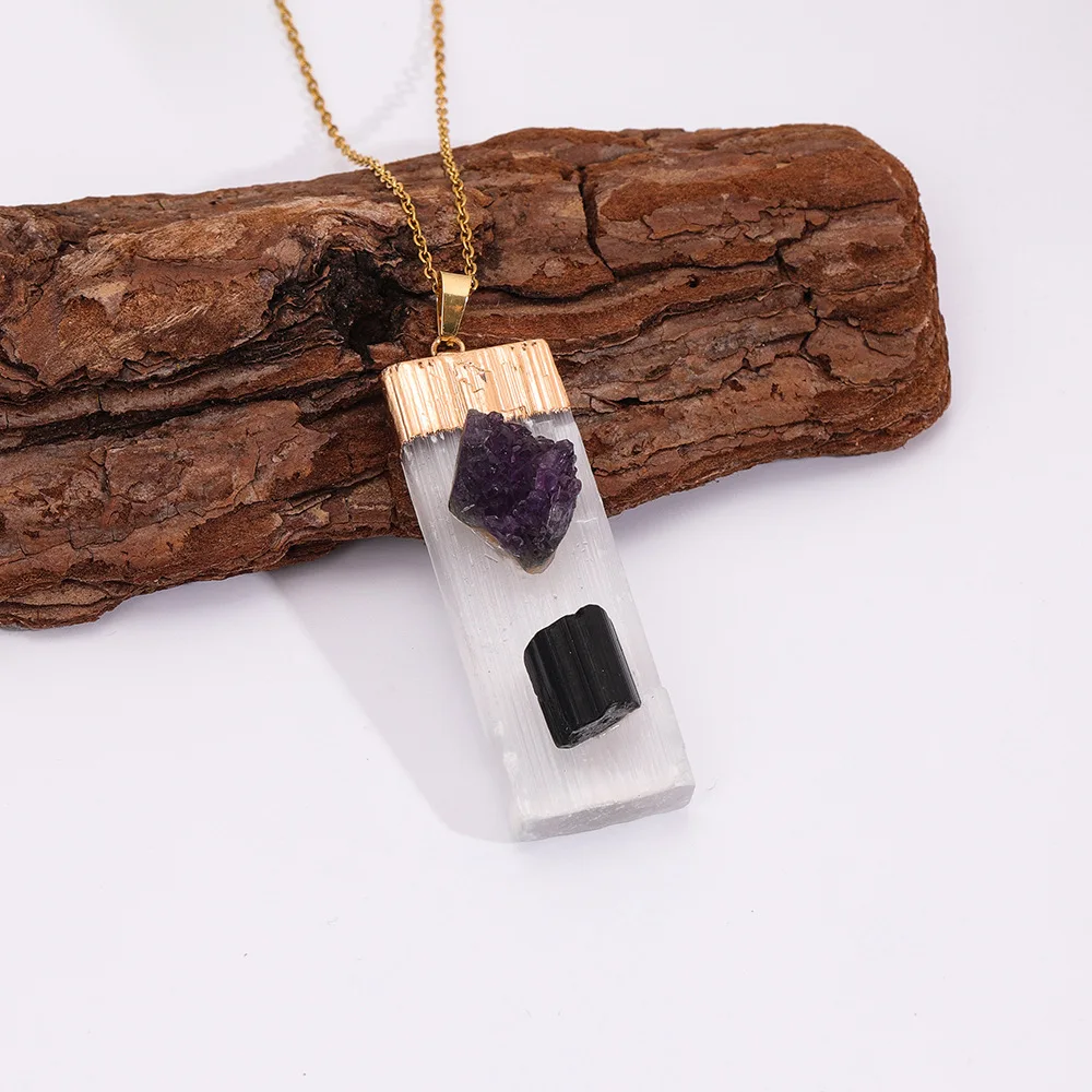 Geometric Rectangle Natural Selenite Amethyst Raw Stone Drusy Black Tourmaline Inlaid Selenite Necklace for Men Women