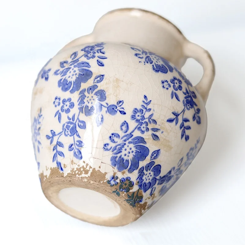 No MOQ Wholesale Retro Ice Crackled Waterproof Farmhouse Pitcher Flower Vases Blue Ceramic Vase for Home Decor