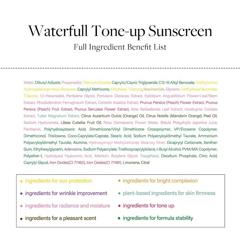 Water full Tone-up Sunscreen Vegan Skincare Tinted Moisturizer Glowy Sunscreen with SPF 50+ PA++++ sunscreen for the skin