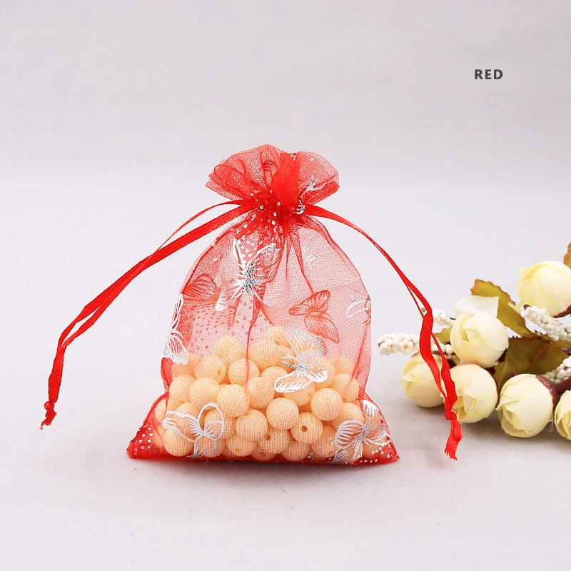 Wholesale 9x12 cm Small Transparent Drawstring Gift Bag Pouches Mesh Jewelry Packaging Silver Butterfly Organza Bags
