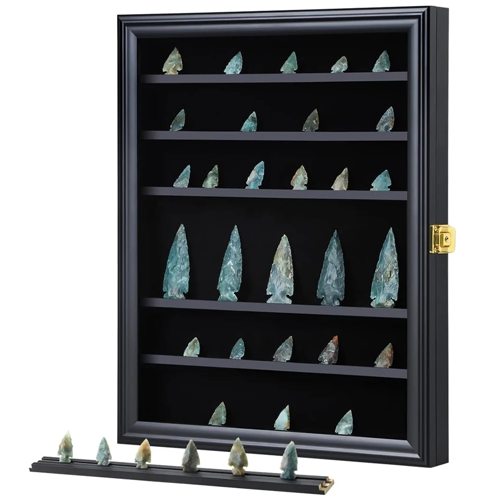 Multifunctional Wooden Wall-Mounted Arrowhead Display Case Shadow Box for Collection Storage with Crystal Door