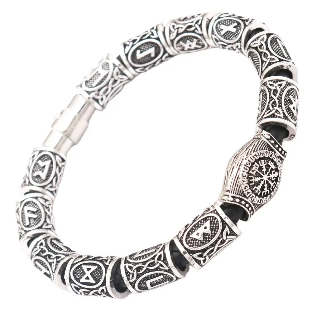 Nordic Viking Jewelry Antique Silver Plated Odin Rune Compass Beard Beads Metal Alloy Runavin Amulet Bracelet For Men