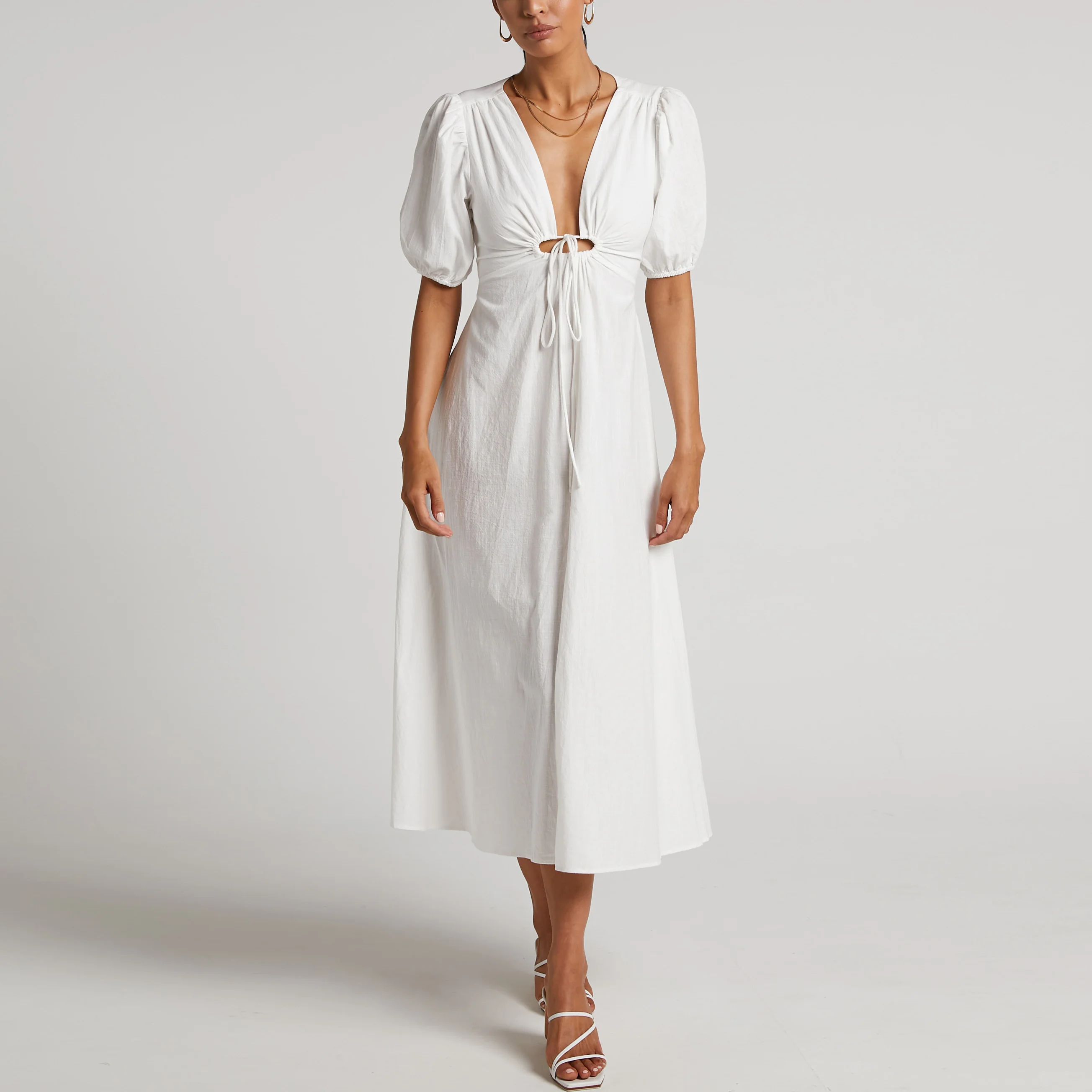 Wholesale Cotton Linen Long Midi Dress Custom Logo High Quality Front Slit Open Back White Clothing Women Summer Dresses