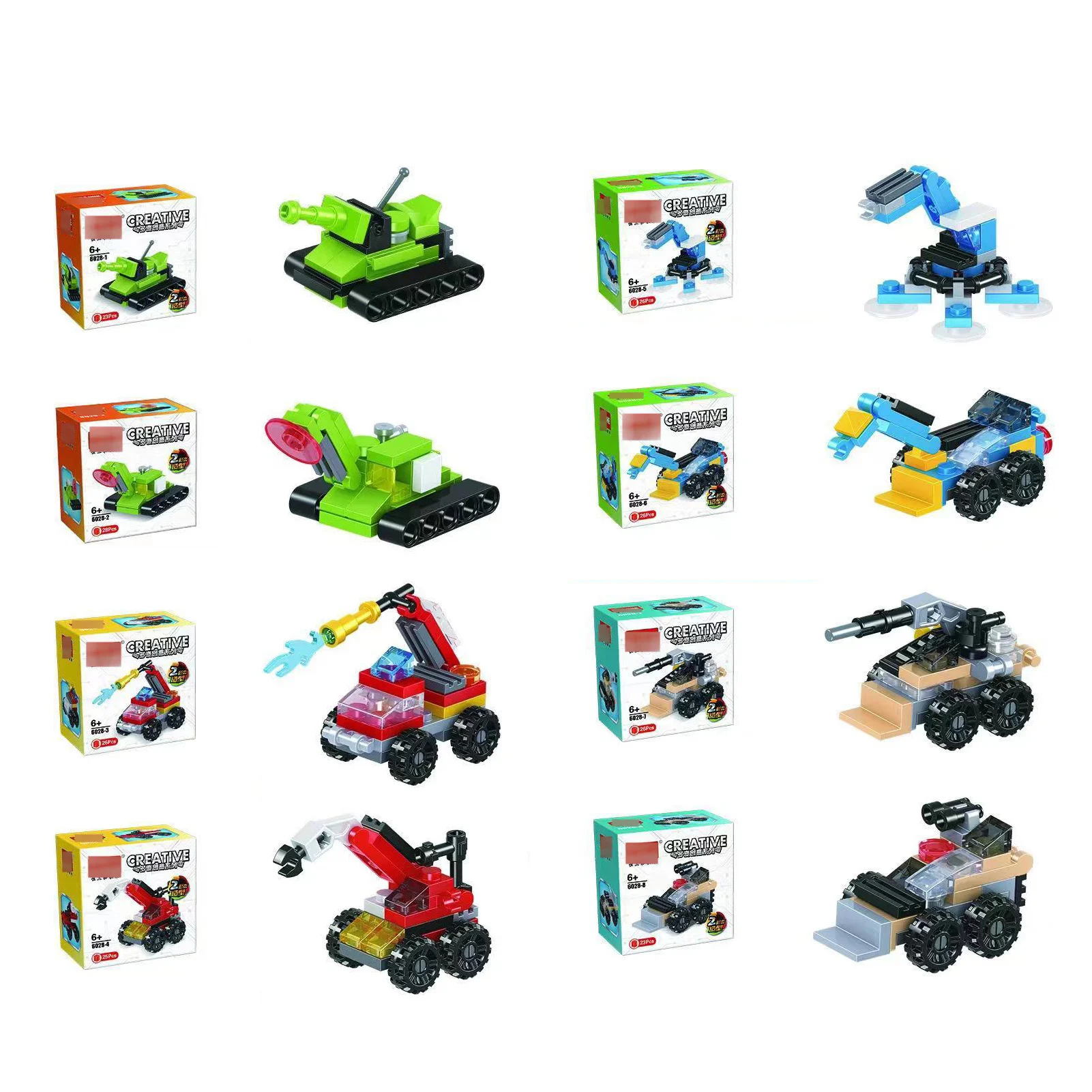 Wholesale 8 Types/set Military Tank Engineering Vehicles Collection Excavator Transport  Car 2 In 1 Plastic Mini Building Block