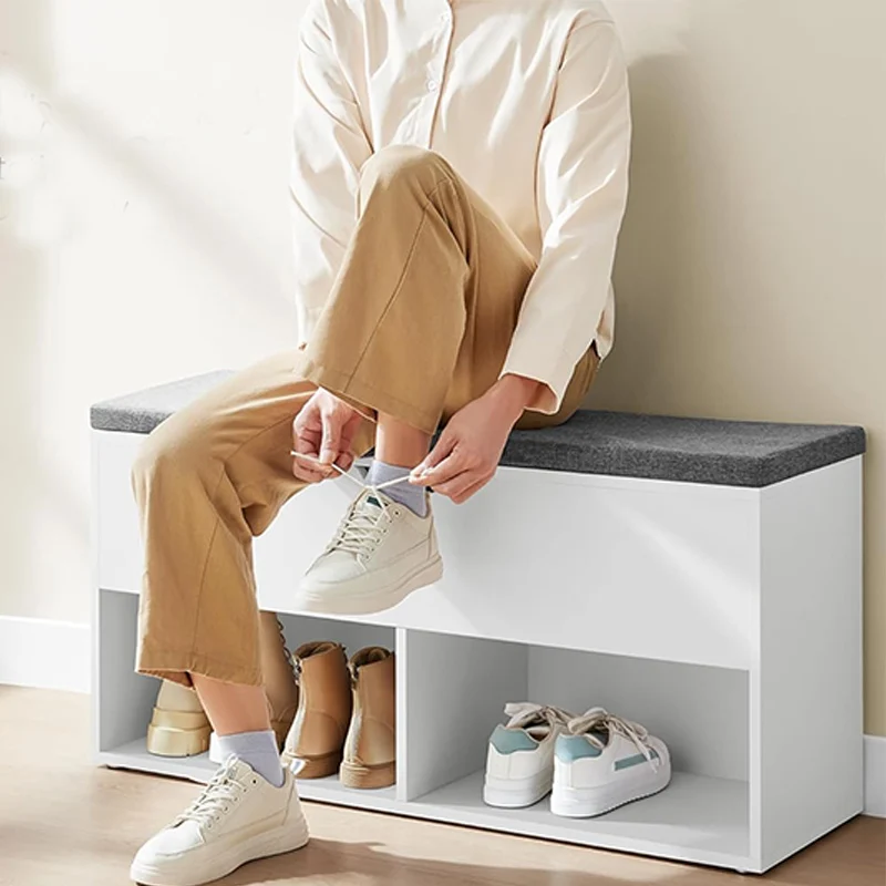 Modern Hallway White Shoe Storage Bench Home Wooden Storage Chest With Cushion Seat