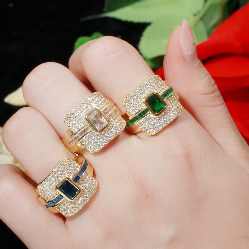 Monaco Style Blue White Green Cubic Zirconia Stone Dubai Yellow Gold Plated Luxury Wedding Engagement Promise Ring for Women
