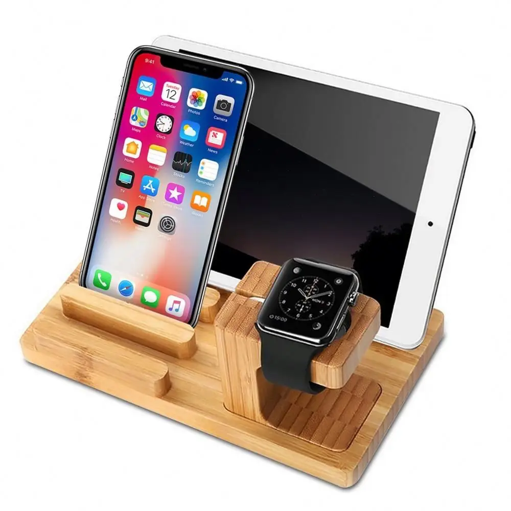 Watch Stand Wood Charging Dock Station With 4-Port Usb,Multi-Device Organizer Cradle Bamboo Holder For