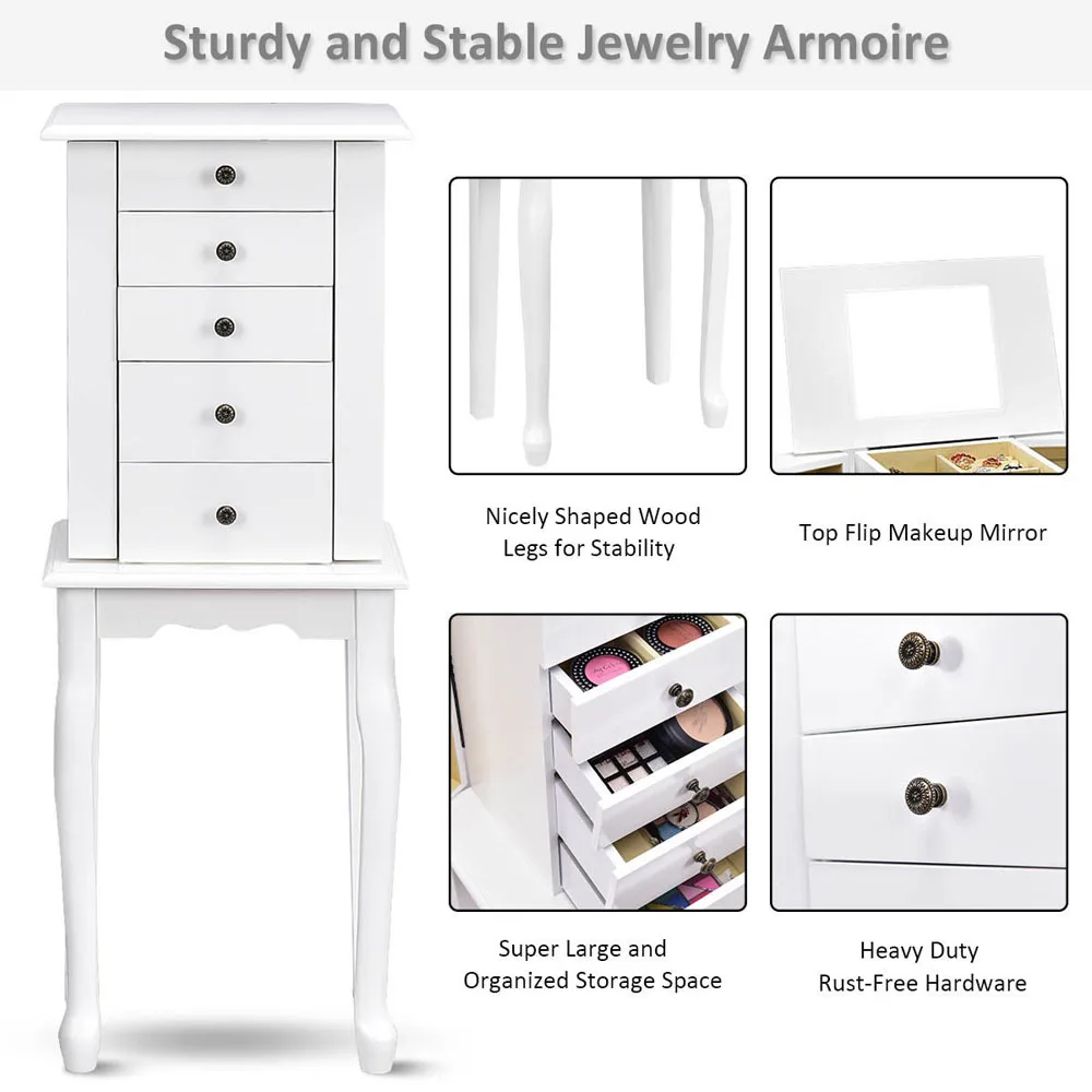 White Jewelry Cabinet Armoire Storage Box Chest Standing Organizer with Mirror