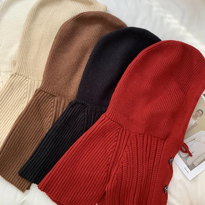 New Winter Windproof Hooded Scarf Hat Balaclava Beanie Neck Protect Cap Solid Plain Crochet Shawl Pullover Knitted Hat for Women