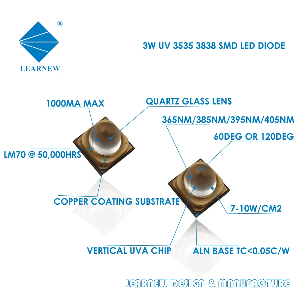 50000 hours warranty glass package LG chip 60deg 120deg view angle 3838 1w 3w 365nm 385nm 395nm SMD UV LED diode for uv curing