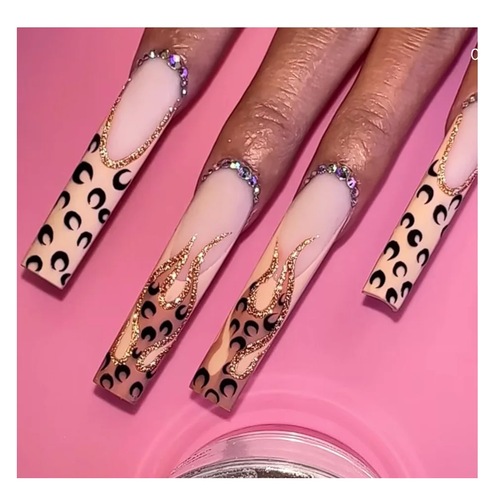 Handmade black moon and rainbow line print  ballerina new press on nails thick 10 pcs in one