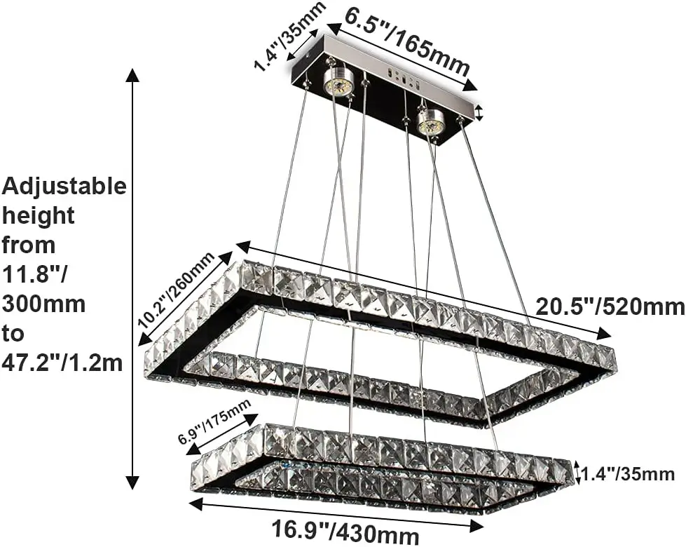 Modern Monochrome LED 2-Ring Square Pendant Lights Crystal Chandeliers for Hotel Dining Room & Living Room Decoration