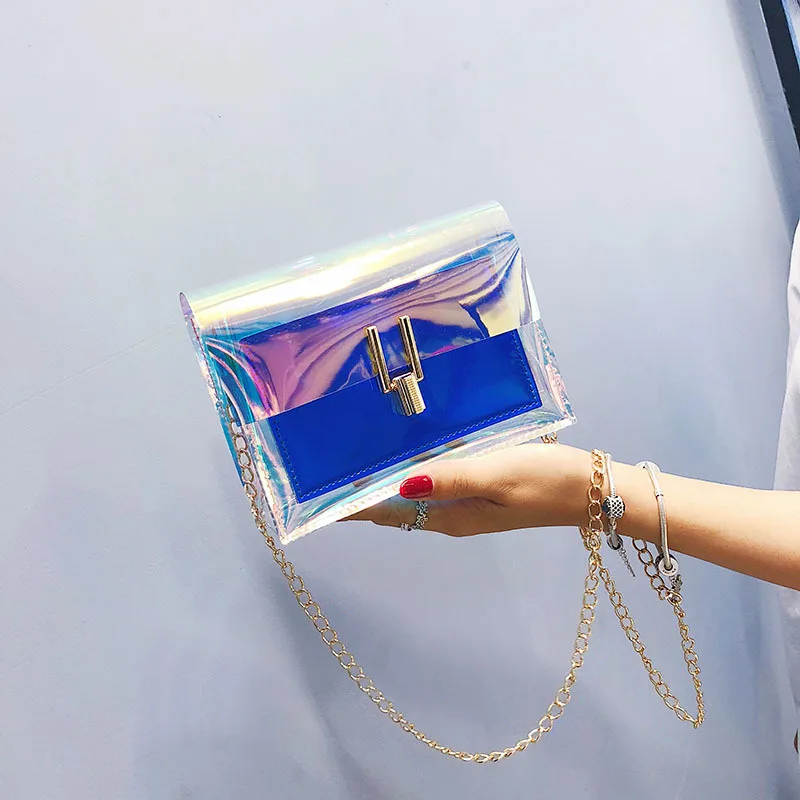 Wholesale colorful transparent pvc neon chain purses bags jelly handbags for women