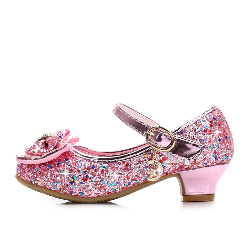 
2021 new multi-color sequined crystal bow party small heels girl princess shoes 
