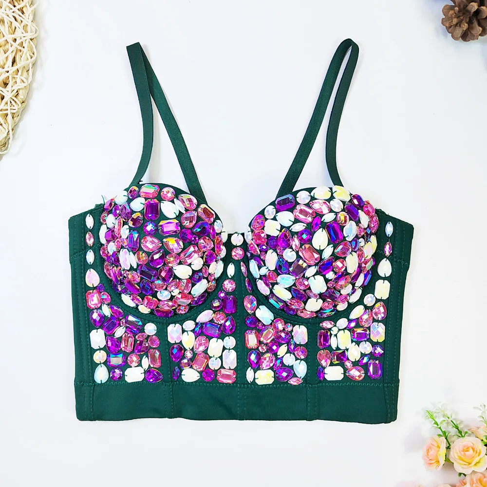 wholesale full rhinestone diamond acrylic luxury ladies boned underwire sexy dance show crop short crystal corset top for women