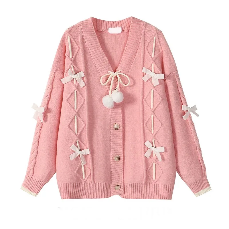 Custom bow Women Knit sweater cardigans long Sleeve v-neck fashion girls knit coat loose plus size ladies knit top autumn winter