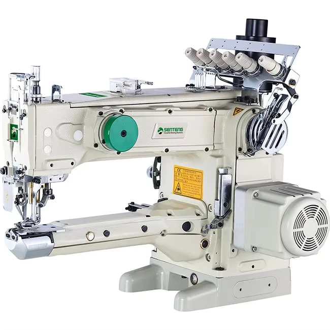 Long arm feed-up-the-arm 4-needle 6-thread interlock machine with compact servo motor & automatic trimmer