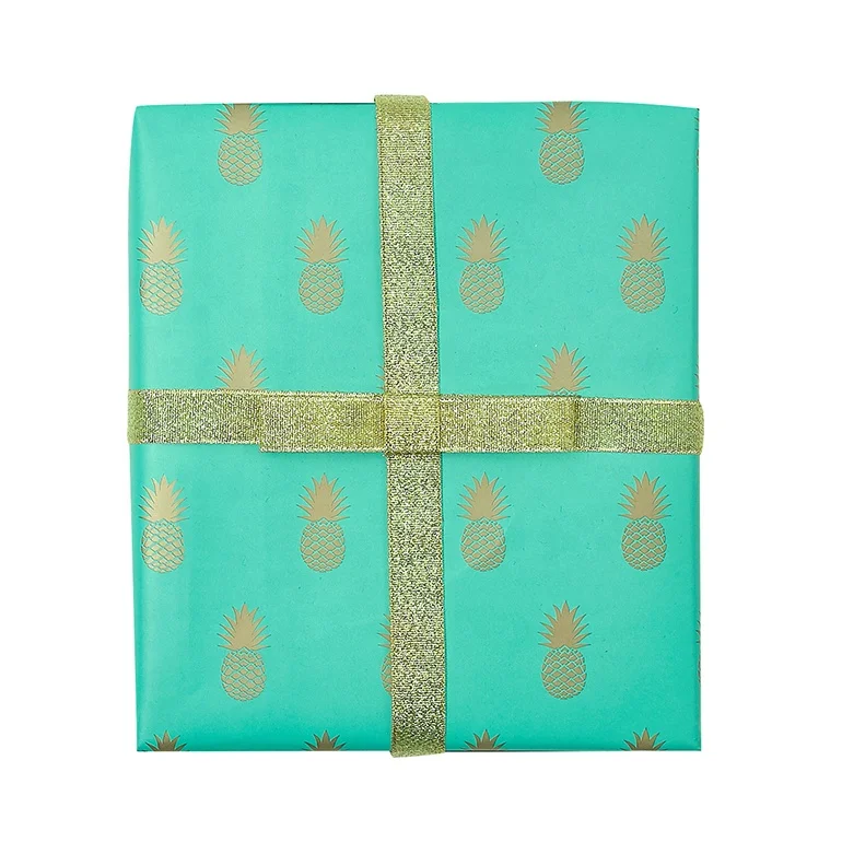 
All Occasion Custom Printing Gold Foil Pineapple, Blue Wrapping Paper Roll for Gift Packaging 