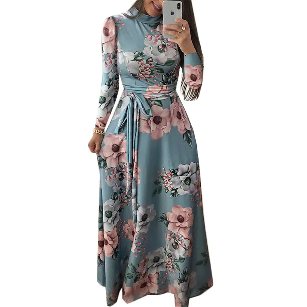 
Autumn New Design Long Sleeve Floral Print High Collar Women Boho Beach Maxi Long Casual Dresses 