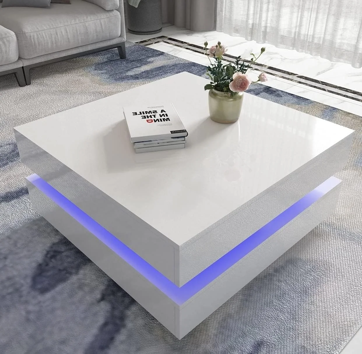 Modern Coffee Table For Living Room High Glossy UV White Coffee Table  With LED Lights