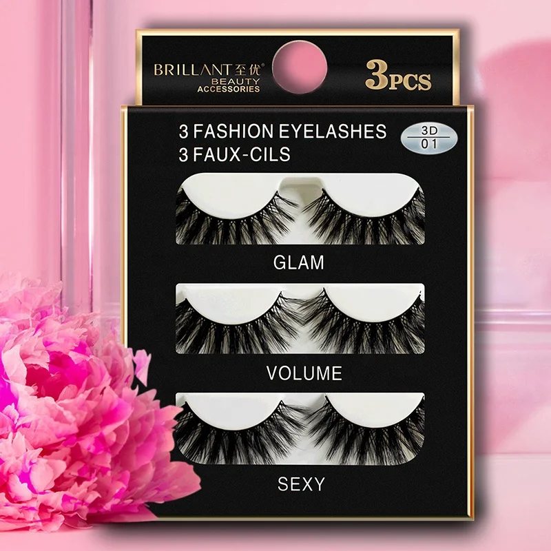 
Factory Luxury 3 Pairs Multi Pack Faux Mink 3D Strip Eyelashes For Private Label 