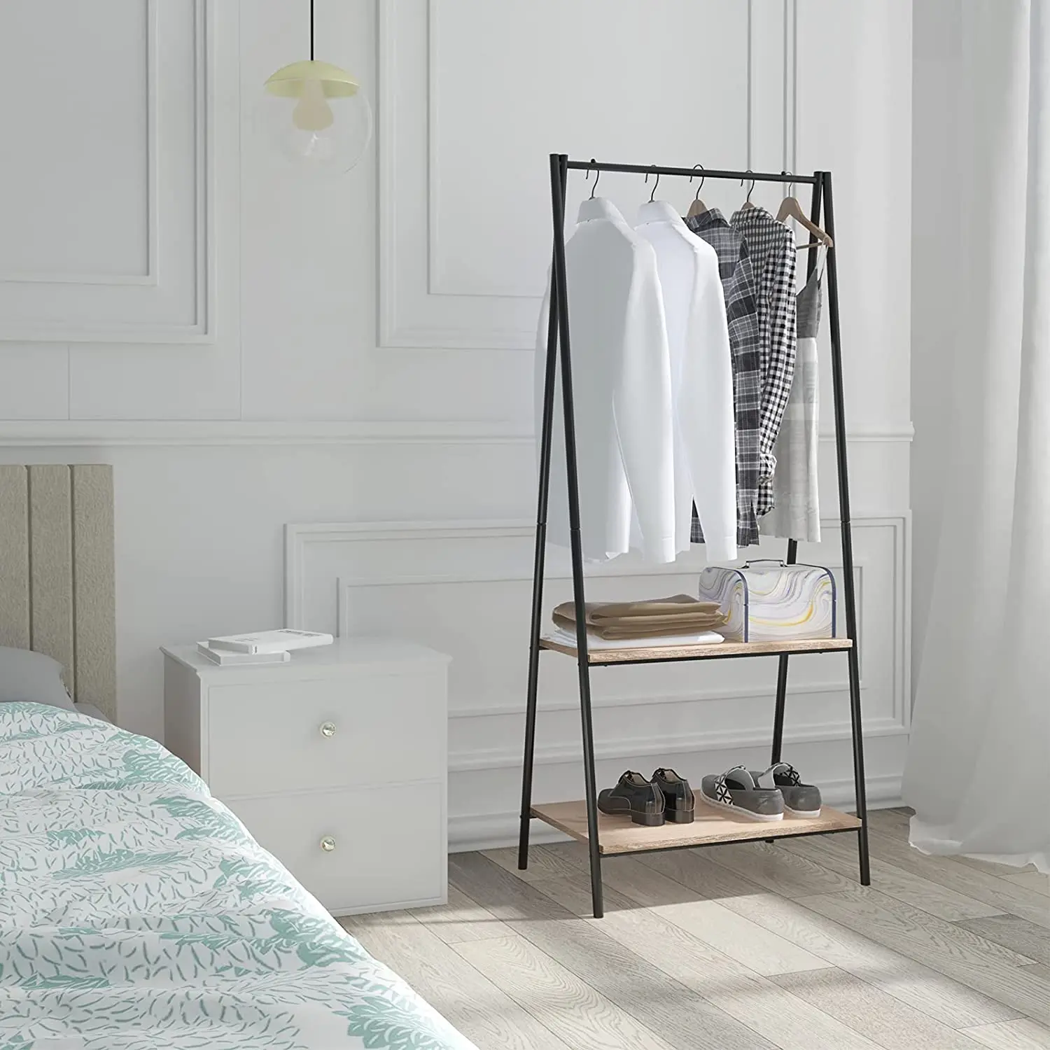 Modern Metal and Wood Clothes Stand with Shoe Rack Coat Hanger Stand for Home Hall or School Living Room Furniture