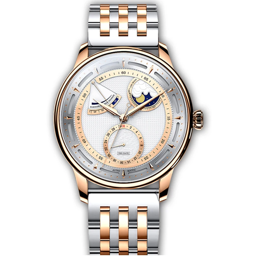 Latest stainless steel case calendar moon phase power show negotiable price custom men mechanical watch