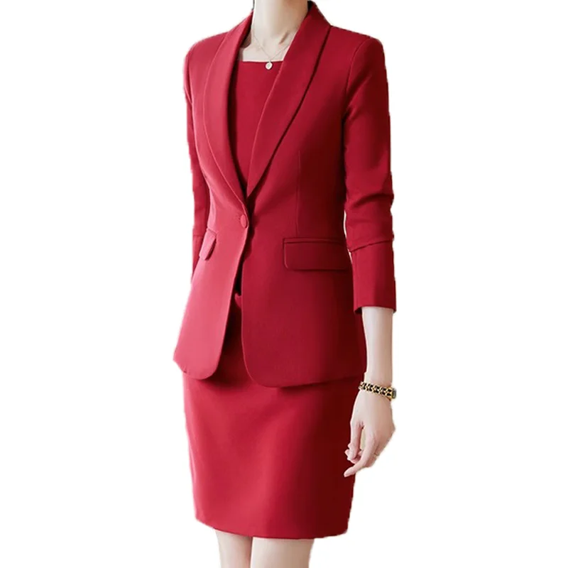 Aiqi Professional Female Hotel Front Desk Host Wear Temperament Two-Piece Suit with Suit Jacket and Dress for Women
