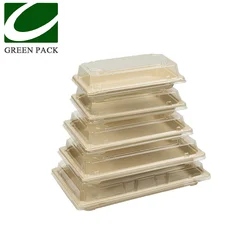 Rectangular Eco Sugarcane Bagasse Pulp Take Out Container Sushi Tray Fast Food Box With RPET Lid