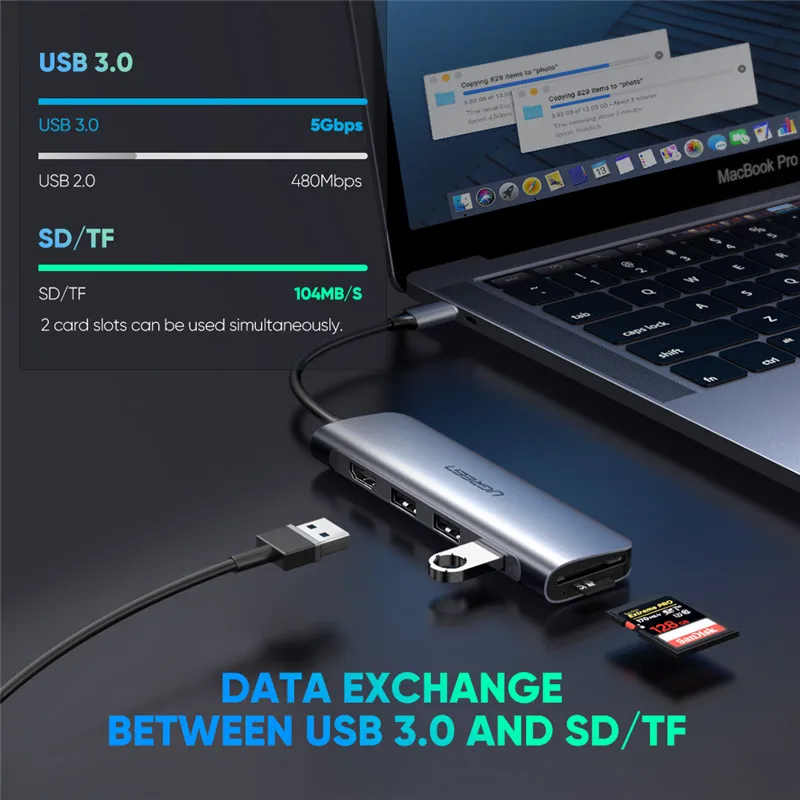 Ugreen портативный 6in1 Mac Type C 4K USB 3 0 концентратор ридер для док-станции Samsung MacBook Pro Dell хром ноутбук