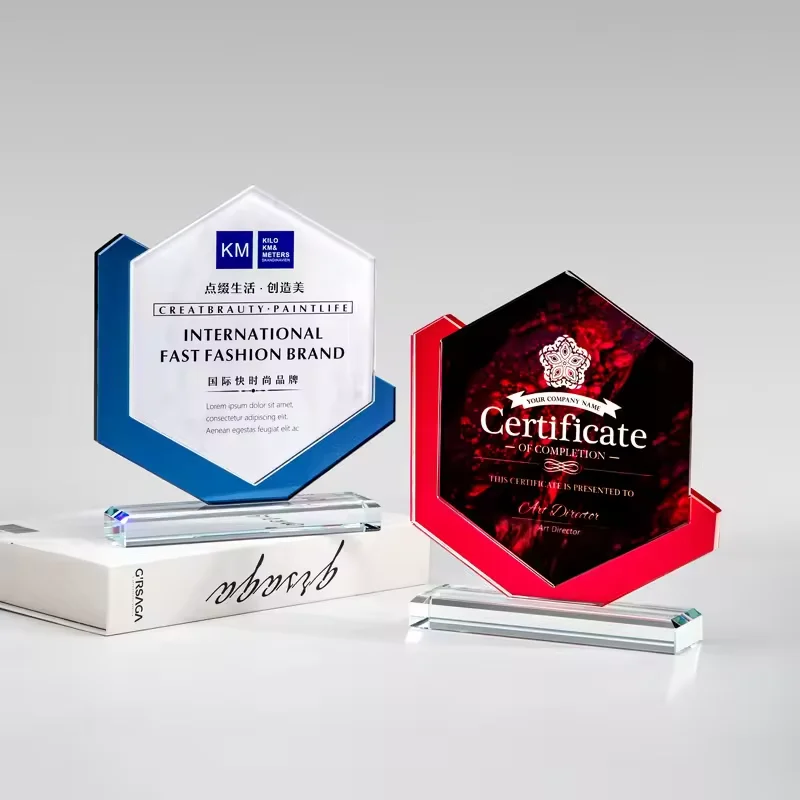 Custom Noble blank sublimation Manufacturer colored Hexagon plaque shield glass Crystal trophy award With Black Base