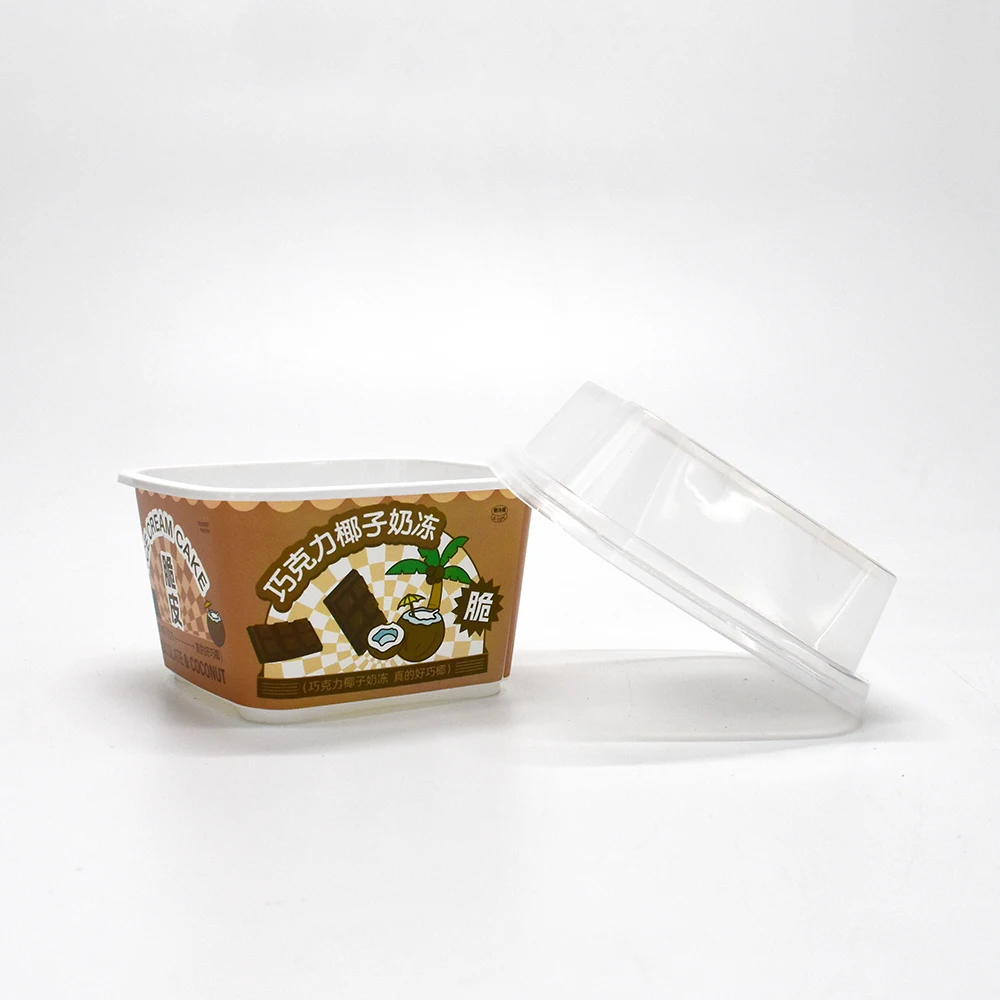 Customized design square shape plastic container IML cup with lid for yogurt/ yoghurt/ rice pudding/ bread/ ice cream