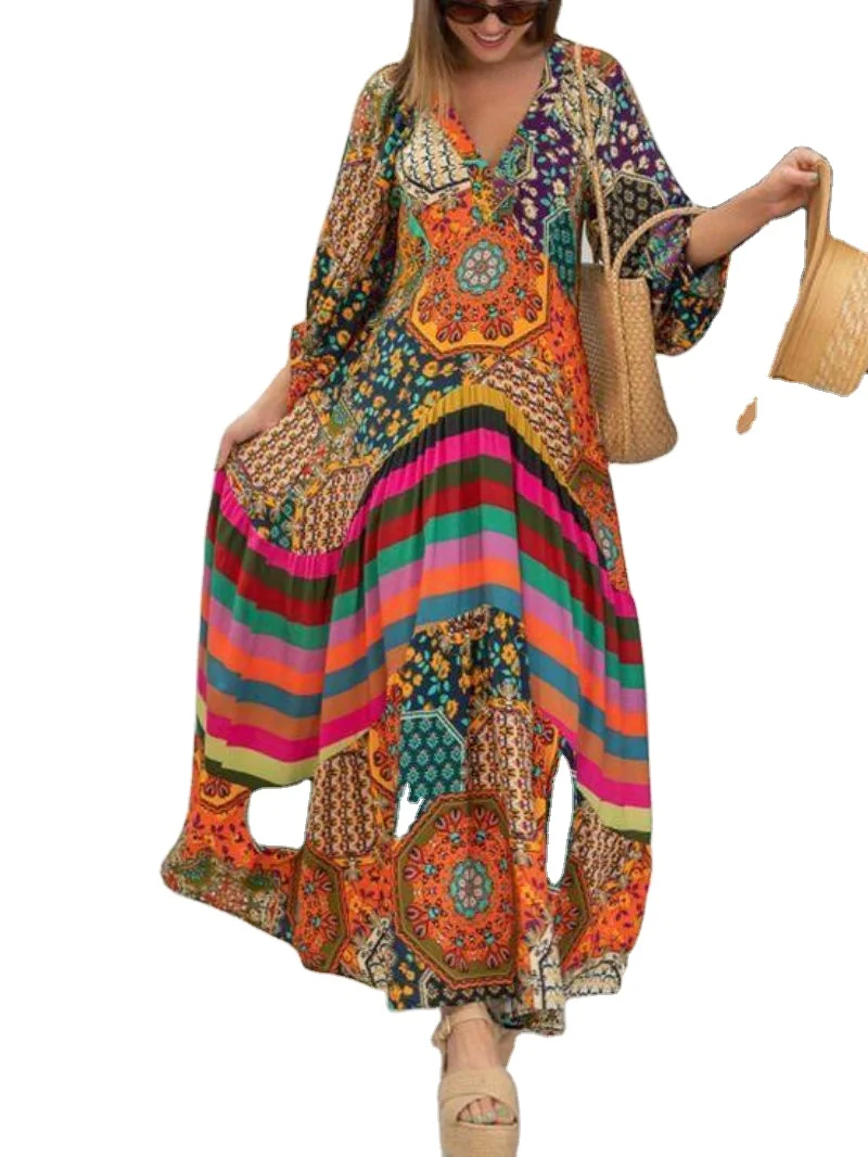 Charming Long Dress Comfortable Retro Ethnic Print Large Hem Beach Long Dress Anti-fade Female Clothes African Maxi Casual Dress