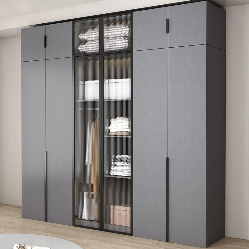 Light luxury wardrobe Household bedroom solid wood small apartment hanging cabinet grey combination wardrobe