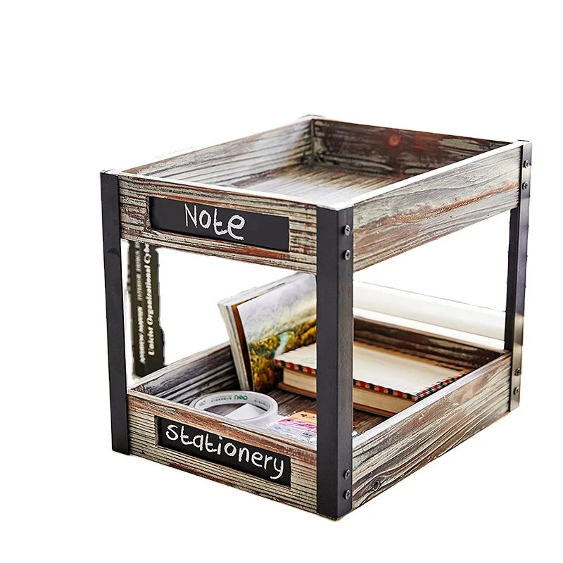 
2 Tier Rustic Torched Wood Desktop Document Tray with Chalkboard Labels 