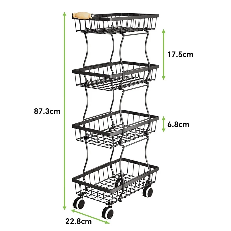 Allogogo Auxiliary Trolley With Wheels Fruit And Vegetable Storage Trolley Removable 4 Tier 5 Tier Non-slip Feet Metal Basket