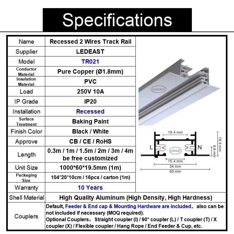 Top quality LEDEAST TR021 2wires Embedded 0.3m 1m 1.5m 2m 3m Die-cast Aluminum Track Light Rail Bar for LED