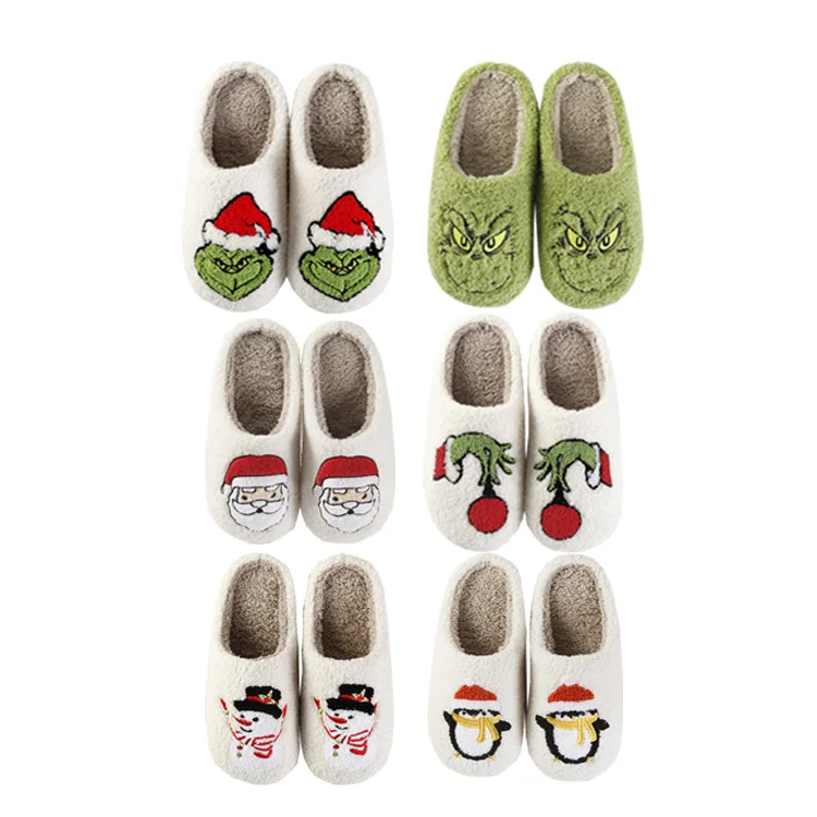 Factory wholesale cartoon Warm cotton ladies christmas tree  home Indoor plush Santa  Soft Grinch christmas slippers for woman