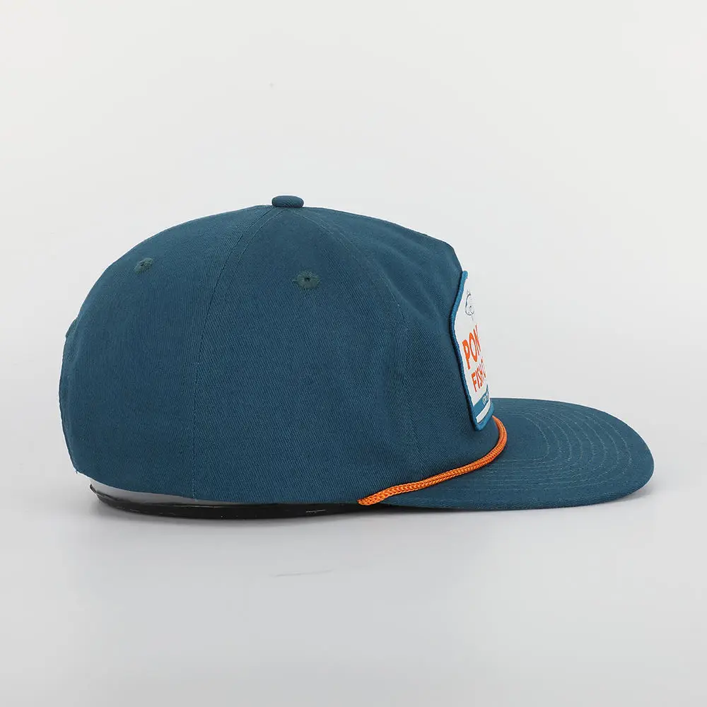 Wholesale Custom Men High Quality 5 Panel Blue Cotton Rope Hat Flat Bill Unstructured Woven Patch Logo Baseball Cap