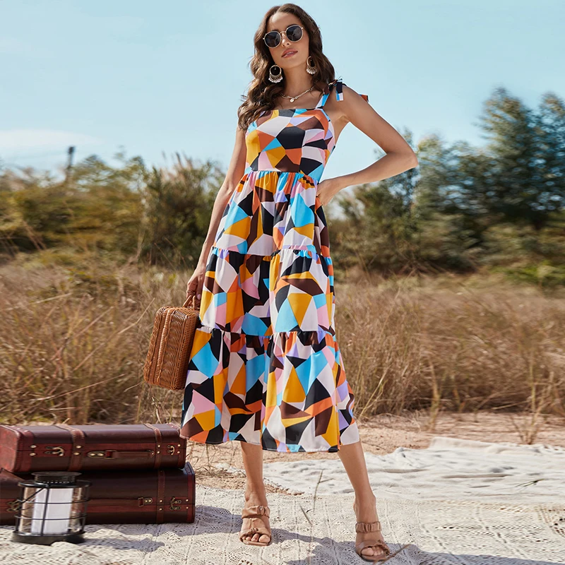 2022 Fashionable woman colorful sleeveless backless maxi dress Casual midi dress Chiffon Polyester Floral Printed Long Skirt