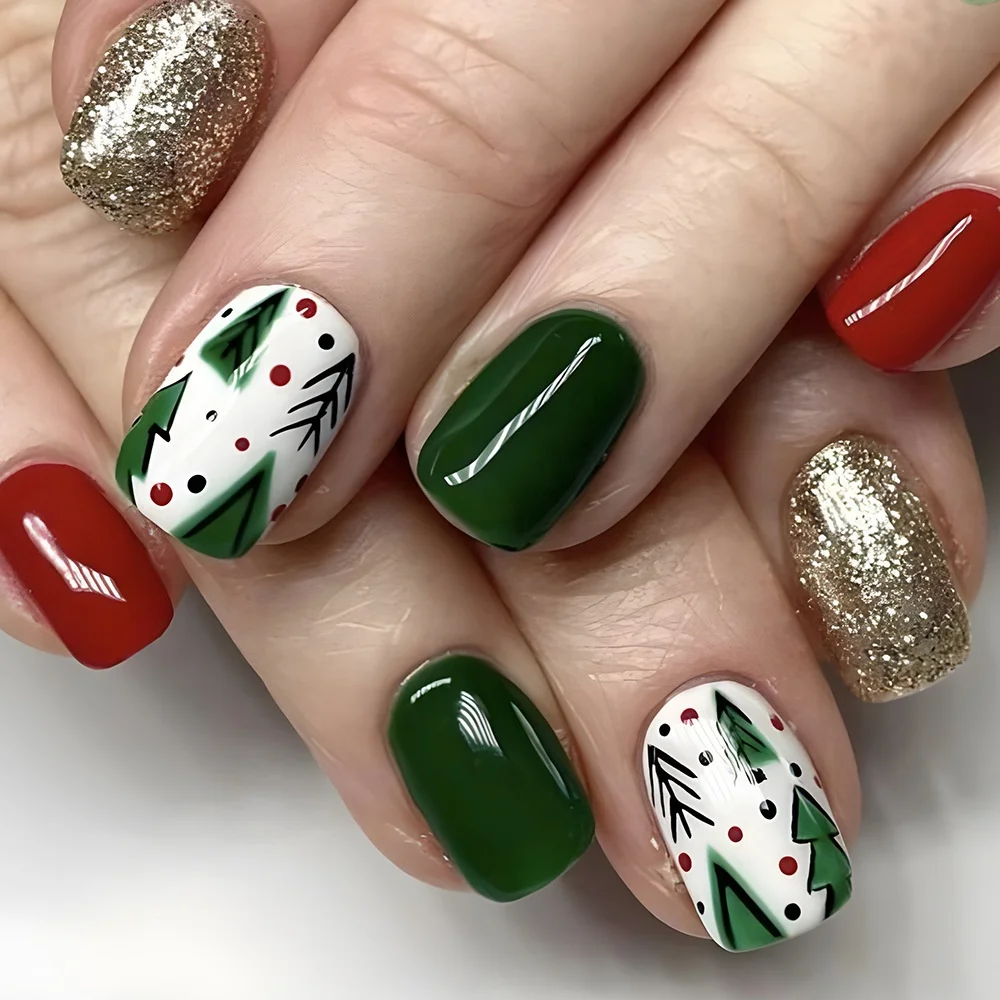 Прыжок цвета Рождественская елка 24 шт. коробка Короткие квадратные ногти с наборами инструментов