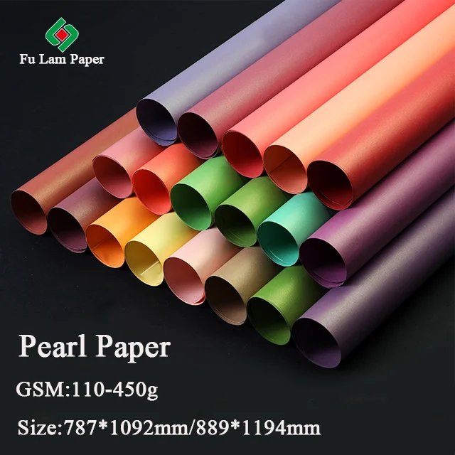 Fu Lam Stock 787*1092mm Double Sided Pearlescent Shimmer Coated Paper Pearl Shiny Craft Wrapping Paper