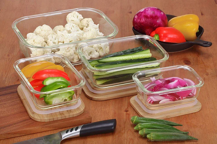 Оптовая продажа прозрачная квадратная коробка для хранения продуктов из боросиликатного стекла с силиконовой деревянной бамбуковой крышкой высокая