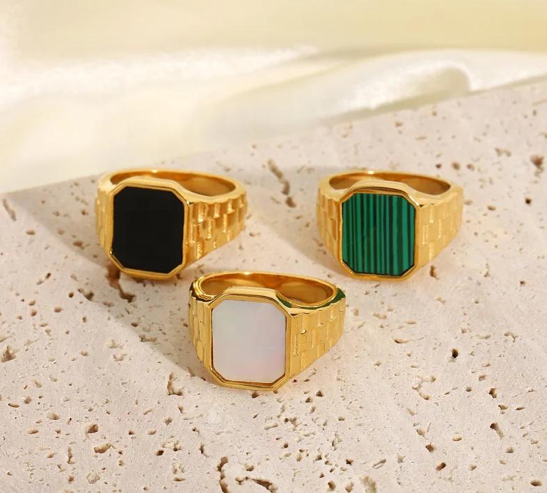 Ins Plated Stainless Steel Jewelry Green Malachite White Fritillaria Rectangle Angular Rings For Women