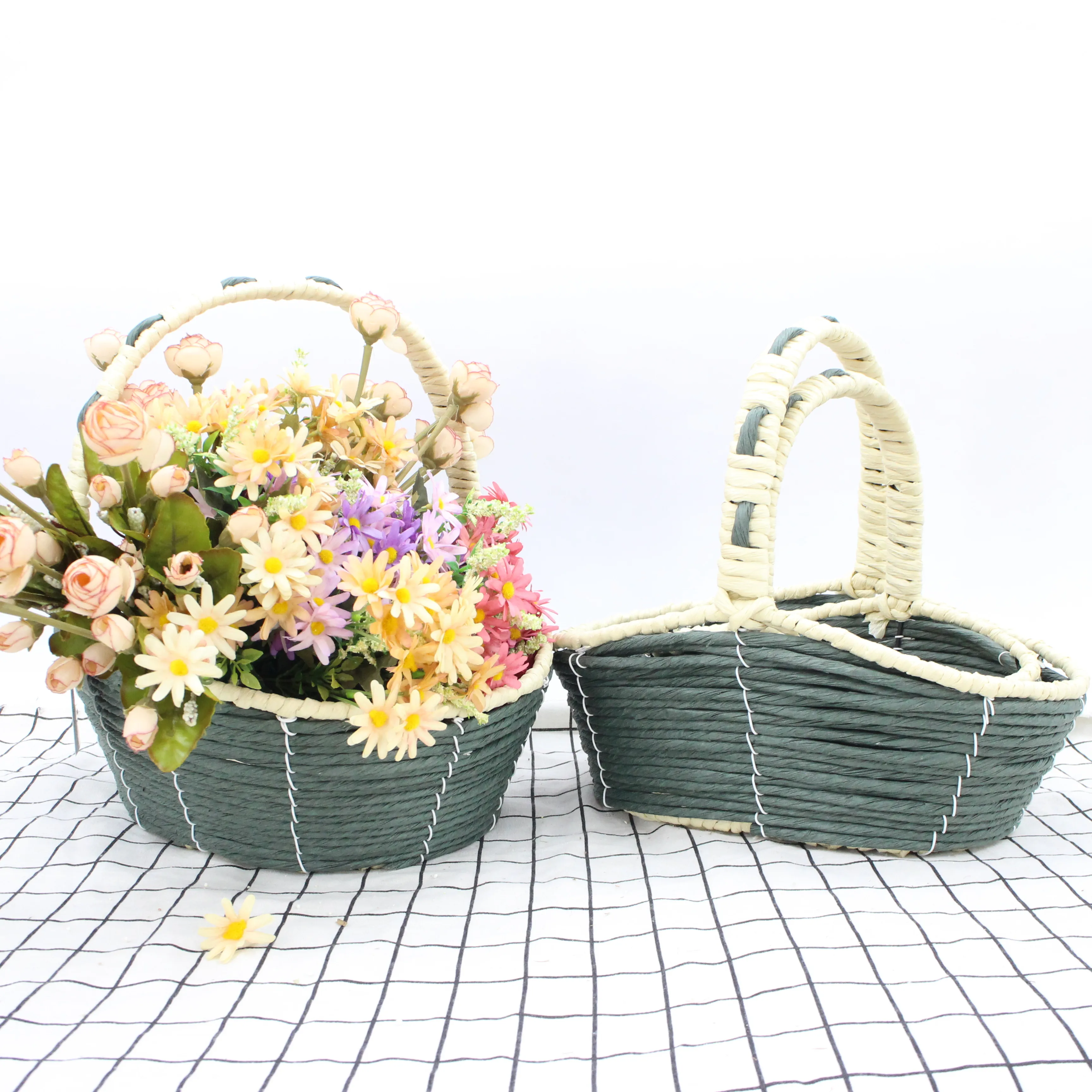 European style high handle dark green beige paper rope wood chips mixed high quality flower basket storage basket