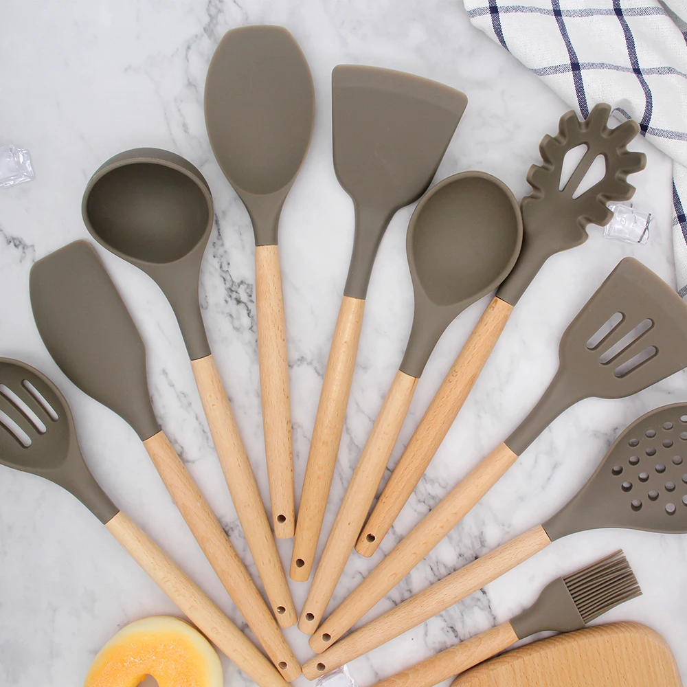High quality Silicone Kitchen Cooking Utensils Tool Set 10 Pcs With Wooden Handle