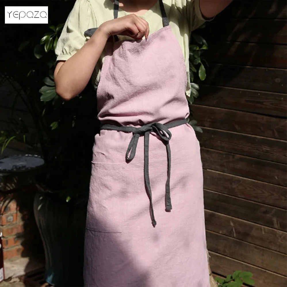 Comfortable best selling washable recycled cotton linen household cooking pink garden apron for women gift
