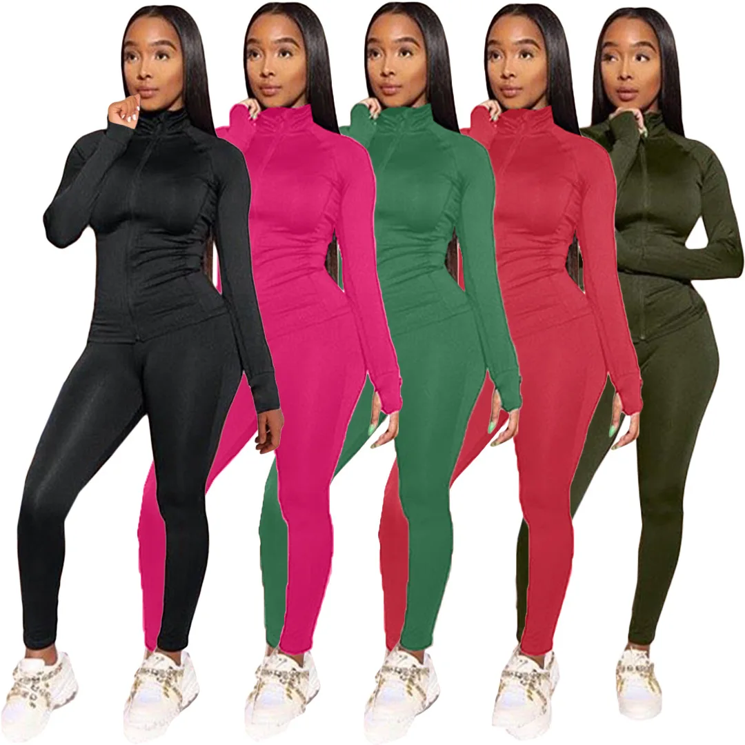 
New Arrivals 2020 Ladies Wholesale Fall Clothes Solid Color Long Sleeve Zip Sweatshirt Sport 2 Piece Pants Set Women Clothing 