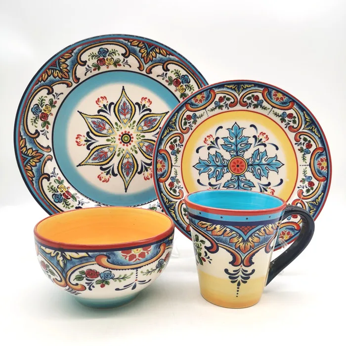 Ceramic stoneware mexican  rustic porcelain decal dinnerware  bone china 16pcs luxury diner set crockery set