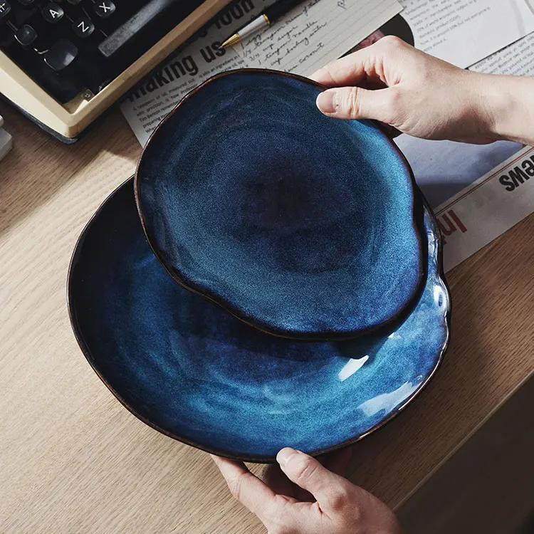 Chinese Direct wholesale reaction glaze ceramic Irregular deep plates dishes fancy restaurant and hotel crockery tableware